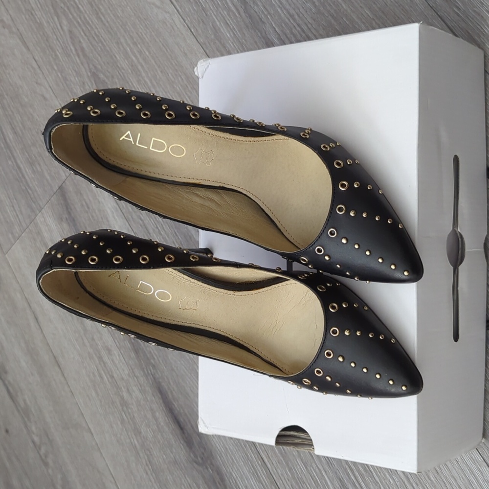 Aldo black leather and gold stud embellished heels
